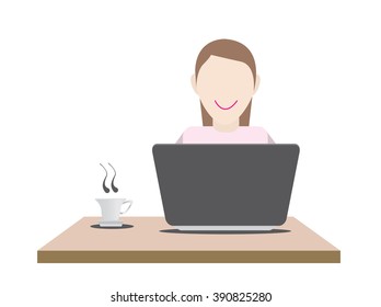 woman in front of computer with  doodle background concept