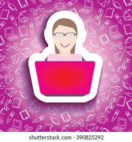 woman in front of computer with  doodle background concept
