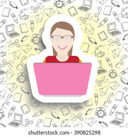 woman in front of computer with  doodle background concept
