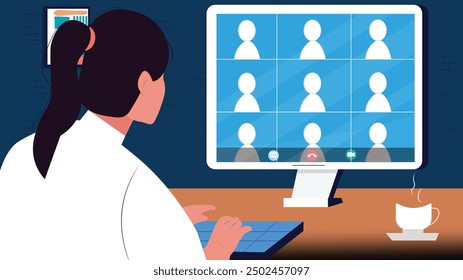 Video Una mujer frente a una pantalla de computadora con una conferencia que muestra a múltiples participantes en un espacio de trabajo moderno.

