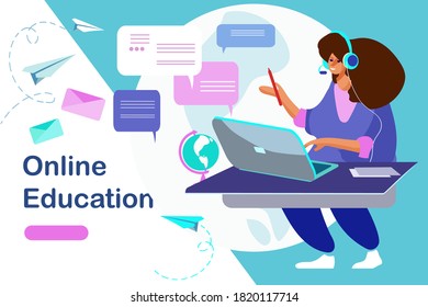 A woman in front of a computer wearing headphones with a microphone. Online education. Vector concept for a web page