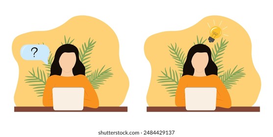 Woman in front of laptop with question mark in thought bubble finds new idea