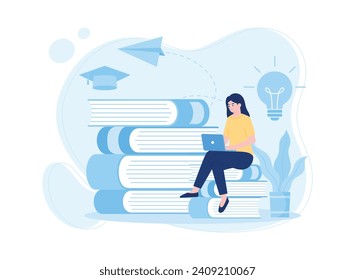 woman in front of a laptop sitting with books on online learning trending concept flat illustration
