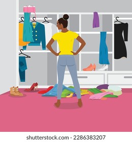 Woman in front of messy untidy wardrobe. Mess and chaos in open closet. Person looking inside cupboard with lot of cluttered, disordered and disorganized clothes storage. Flat vector illustration