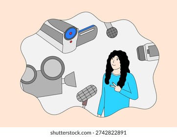 Woman is in front off at camera. There are many different types of cameras and other equipment in the background