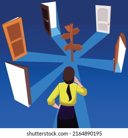 Woman in front of open doors and signs of the way, flat vector illustration. Business woman choosing the best route, choices and decision, alternative ways of career.