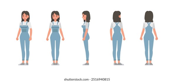 Woman front, side and back view wear blue denim jumpsuit character vector illustration design set. Presentation in various action.