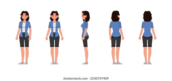 A frente, o lado e a vista traseira da mulher usam o conjunto de design de ilustração de vetor de personagem de camisa azul. Apresentação em várias ações.