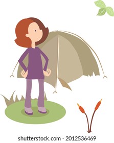 Woman in front of a tent camping 
