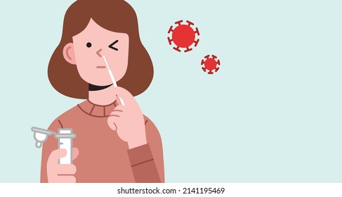 Woman from front view self-testing with a nasal swab. Covid-19 or coronavirus positivity testing with antigen self test kit at home. Color flat vector illustration.