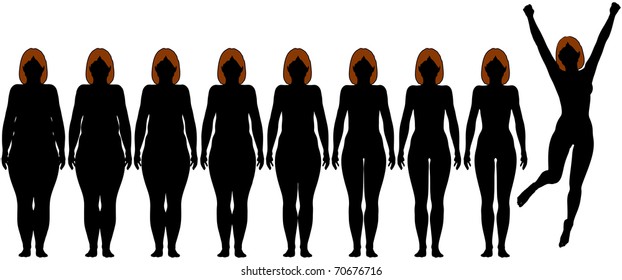 Woman frontal silhouettes of before and after fat to fit Diet Weight Loss Success