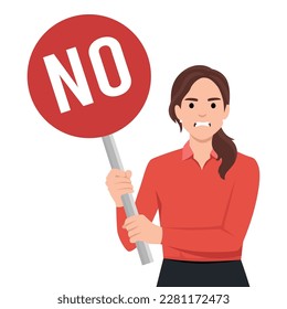 A woman frowning while holding a board with no written on it. Flat vector illustration isolated on white background