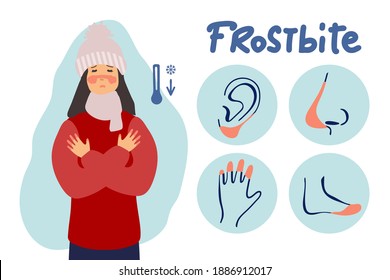 woman froze. Frostbite concept banner. Cartoon illustration of frostbite vector concept banner. the woman is cold. flat design. for infographic.