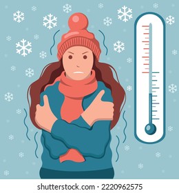 A woman froze in winter with a cold temperature. Meteorology thermometer.	