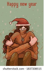 A woman is frozen in anticipation of Christmas or new year. A warm sweater and hugs keep her warm. Cartoon comic poster for winter events and postcards