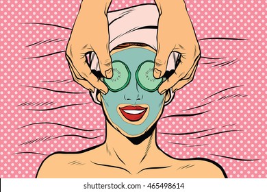 Woman with fruit beauty mask, pop art retro vector illustration