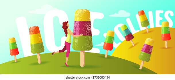 Woman and fruit ice lollies. Ice cream parlor, Sweet products, Dessert, Summer concept. Vector illustration for poster, banner, commercial, cover, advertising. 