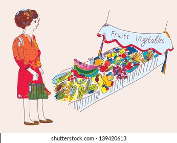 Woman at the fruit and vegetables market cartoon