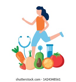 woman fruits vegetables medicine world health day vector illustration