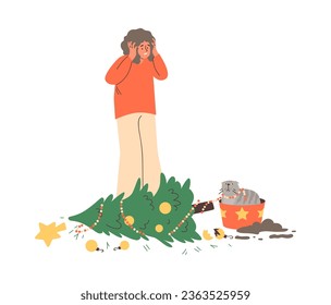 Mujer frustrada por el lío de mascotas. El gato tocó el árbol de Navidad, decoraciones dispersas, juguetes. Casa caos, desorden, desorden del juego gatito grisáceo vectorial caricatura aislada