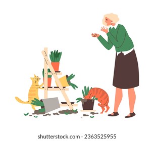 Mujer frustrada por el lío de mascotas. Dos gatos golpearon macetas de flores, el suelo está esparcido. Casa caos en una olla con flores. Desorden del juego gatitos vectores cartografía ilustración aislada