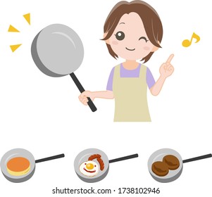 A woman with a frying pan, a pancake, a fried egg and a hamburger.