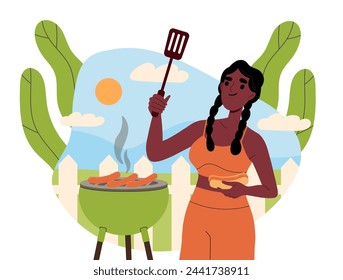 Mujer friendo salchichas. Chica joven con carnes a la parrilla. Picnic y comida rápida al aire libre. Personaje en la barbacoa en el patio trasero. Ilustración plana del vector de la historieta aislada sobre fondo blanco