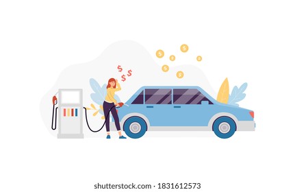 Woman fueling car on gasoline station surrounded with symbols of money, flat vector illustration isolated on white background. Fuel costs economy and money savings.
