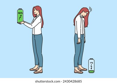 Woman with full battery energy feels exhausted and burnt out after day at office and needs to recuperate. Girl suffers from professional burnout or loss of energy associated with excessive stress