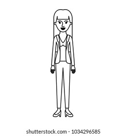 woman full body with blouse and jacket and pants and heel shoes with straight long hair in monochrome silhouette