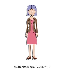 woman full body with blouse and jacket and skirt and heel shoes with short straight hairstyle in watercolor silhouette
