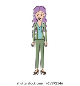 woman full body with blouse and jacket and pants and heel shoes with wavy long hair in watercolor silhouette