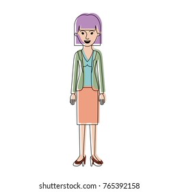 woman full body with blouse and jacket and skirt and heel shoes with mushroom hairstyle in watercolor silhouette