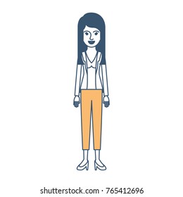 woman full body with blouse and jacket and pants and heel shoes with layered hair in color sections silhouette