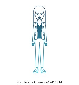 woman full body with blouse and jacket and pants and heel shoes with straight long hair in degraded blue silhouette