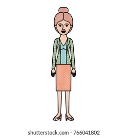 woman full body with blouse and jacket and skirt and heel shoes with collected hair in colored crayon silhouette