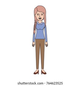 woman full body with blouse long sleeve and pants and heel shoes with braid and fringe hairstyle in colorful silhouette