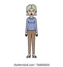 woman full body with blouse long sleeve and pants and heel shoes with short wavy hair in colored crayon silhouette