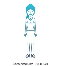 woman full body with blouse and skirt and heel shoes with ponytail hair in degraded blue silhouette