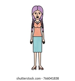 woman full body with blouse and skirt and heel shoes with braided hair in colored crayon silhouette