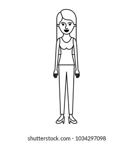woman full body with t-shirt sleeveless and pants and heel shoes with long straight hair in monochrome silhouette