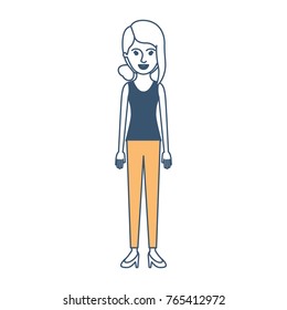 woman full body with t-shirt sleeveless and pants and heel shoes with collected hair and fringe in color sections silhouette