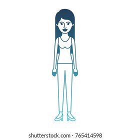 woman full body with t-shirt sleeveless and pants and heel shoes with long straight hair in degraded blue silhouette