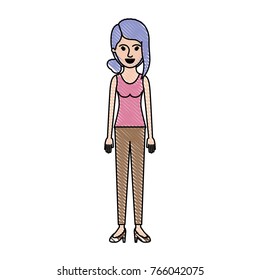 woman full body with t-shirt sleeveless and pants and heel shoes with collected hair and fringe in colored crayon silhouette