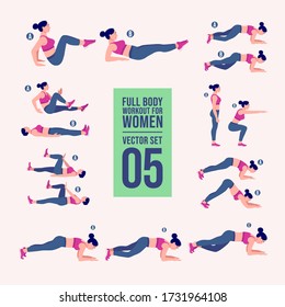 Woman full body workout fitness, aerobic and exercises set. Vector Illustration.