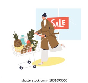 Woman with full cart after sales on shopping in grocery store. Cartoon female pushing trolley with products from hypermarket buy with discount. Vector illustration
