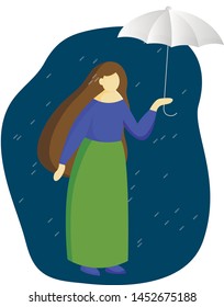 A woman in full growth standing under an umbrella. Profile of a girl. Vector flat illustration