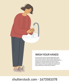 
woman in full growth stands near the washstand and washes her hands. 
preventative virus protection methods. vector stock illustration