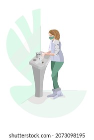 A woman in full growth and wearing a mask on her face washes her hands with soap.