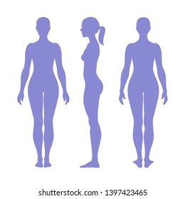 Woman Full Length Figure Silhouette. Front, Back And Side Views. Vector Illustration Isolated On White Background.